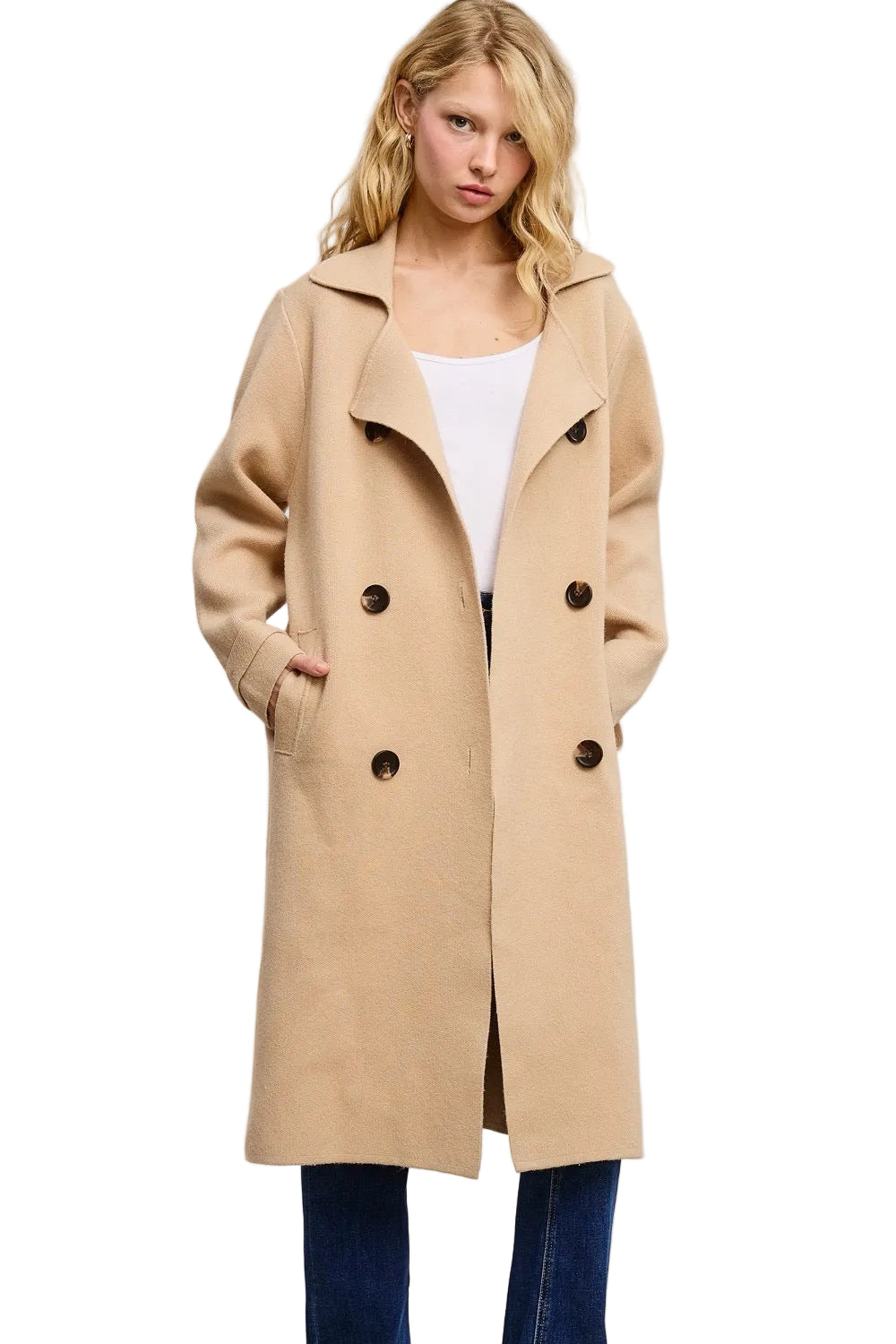 Model wearing a beige Trestles Clothing Company Beckham midi sweater coat in a soft cashmere blend with button front.